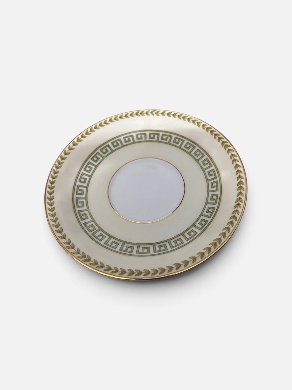 Noritake White Plate with Gold Trim and Olive Green Greek Key
